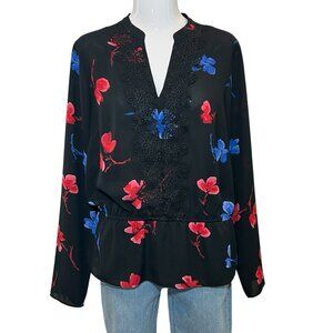 The Limited Women’s Blouse Medium Size Floral Black Long Sleeve Lace V Neck Red
